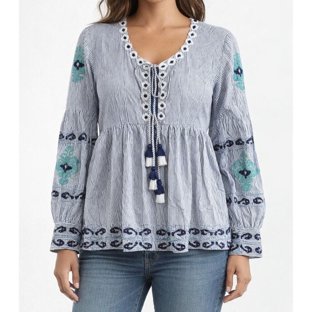 Rose & Rose Long Sleeve Embroidered Double Tie Front Blouse Top Blue Large